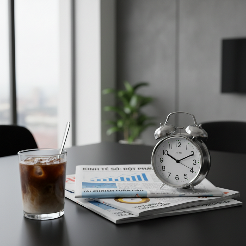 A neatly stacked pile of slim business newspapers and glossy financial magazines, each with bold Vietnamese headlines and minimalist infographics on the covers, rests on a matte black tabletop. A small, classic silver alarm clock displaying 7:00 a.m. leans against the stack, while a simple glass of slowly melting iced coffee adds a playful touch. Soft overcast window light creates even, diffused illumination with gentle reflections on the clock’s metal surface. Captured at eye level with a centered composition and moderate depth of field, the focus highlights the printed word and morning routine. The overall atmosphere is dynamic but not hectic, hinting at curated, must-read news, with clean photographic realism and a subtly colorful, modern aesthetic.